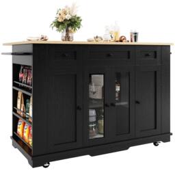 Rolipo Kitchen Island Dining Trolley with Wood Grain Top & Glass Cabinet in Black - thumbnail 6