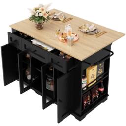 Rolipo Kitchen Island Dining Trolley with Wood Grain Top & Glass Cabinet in Black - thumbnail 5