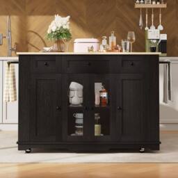 Rolipo Kitchen Island Dining Trolley with Wood Grain Top & Glass Cabinet in Black - thumbnail 3