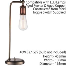 Loops Modern Hangman Table Lamp Aged Copper Pewter Industrial Metal Arm Bedside Light - thumbnail 2