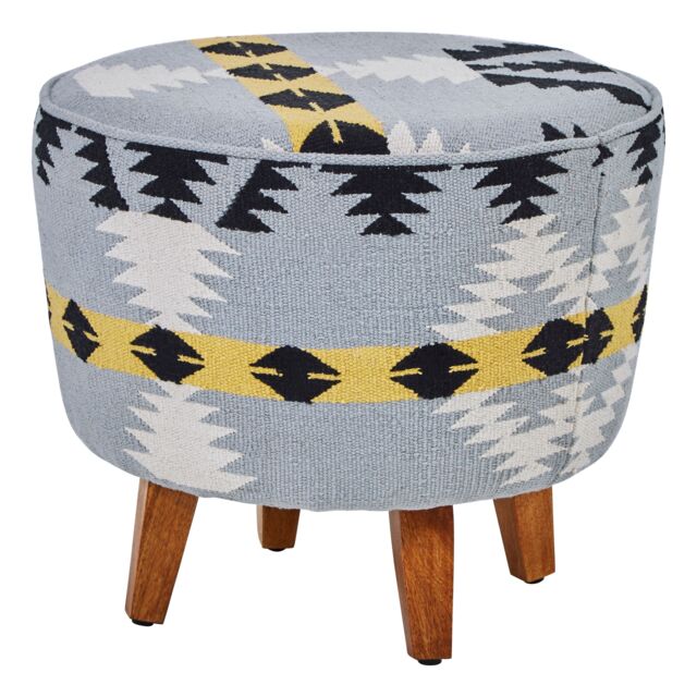 Orsina Round Footstool With Geometric Pattern, Mango Wood Legs Pouffe For Living Room, Multicoloured Fabric Ottoman - image 1