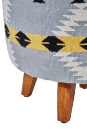 Orsina Round Footstool With Geometric Pattern, Mango Wood Legs Pouffe For Living Room, Multicoloured Fabric Ottoman - thumbnail 4