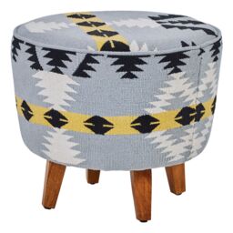 Orsina Round Footstool With Geometric Pattern, Mango Wood Legs Pouffe For Living Room, Multicoloured Fabric Ottoman - thumbnail 1