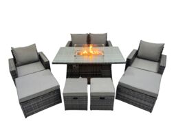 Fimous Outdoor Love Sofa Set 8 Seat & Gas Firpit Dining Table 3 Footstools in Dark Grey - thumbnail 2