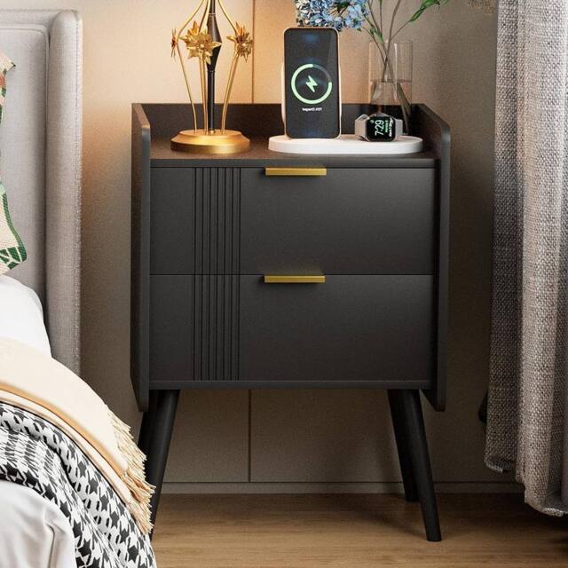 Huhote Bedside Table Cabinet Bed Side End Table with 2 Drawers Wooden Legs in Black - image 1