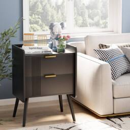 Huhote Bedside Table Cabinet Bed Side End Table with 2 Drawers Wooden Legs in Black - thumbnail 2