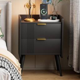 Huhote Bedside Table Cabinet Bed Side End Table with 2 Drawers Wooden Legs in Black - thumbnail 1