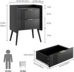 Huhote Bedside Table Cabinet Bed Side End Table with 2 Drawers Wooden Legs in Black - thumbnail 8