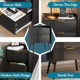 Huhote Bedside Table Cabinet Bed Side End Table with 2 Drawers Wooden Legs in Black - thumbnail 6