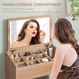 HOMCOM Dressing Table Set Padded Stool with Flip-up Mirror Multi-purpose in Natural - thumbnail 6