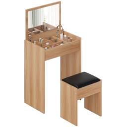 HOMCOM Dressing Table Set Padded Stool with Flip-up Mirror Multi-purpose in Natural - thumbnail 2