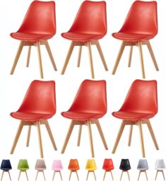 MCC Direct Set of 6 Dining Chairs with Solid Wooden Legs & Seat Cushions Eva in Red - thumbnail 1