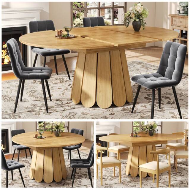 BTM Extendable Dining Table Round to Oval Wooden Kitchen Table for 6 in Natural - image 1