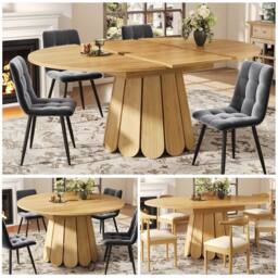 BTM Extendable Dining Table Round to Oval Wooden Kitchen Table for 6 in Natural - thumbnail 1