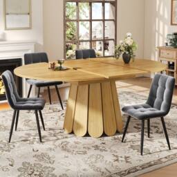 BTM Extendable Dining Table Round to Oval Wooden Kitchen Table for 6 in Natural - thumbnail 3