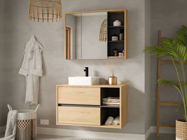 Vente-unique Wall-Hung Bathroom Unit With Square Basin & Mirror Cabinet - Natural in Light Oak - image 1