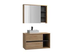 Vente-unique Wall-Hung Bathroom Unit With Square Basin & Mirror Cabinet - Natural in Light Oak - thumbnail 2