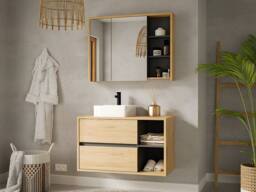 Vente-unique Wall-Hung Bathroom Unit With Square Basin & Mirror Cabinet - Natural in Light Oak - thumbnail 1