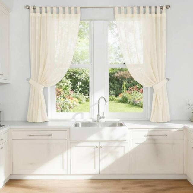 Luxury Living Voile Tab Top Curtain Pair with Crystal Tie Backs Sheer Window Panels in Ivory - Size: 150 cm width x 122 cm drop