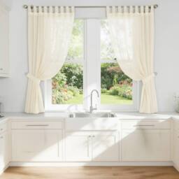 Luxury Living Voile Tab Top Curtain Pair with Crystal Tie Backs Sheer Window Panels in Ivory - Size: 150 cm width x 122 cm drop