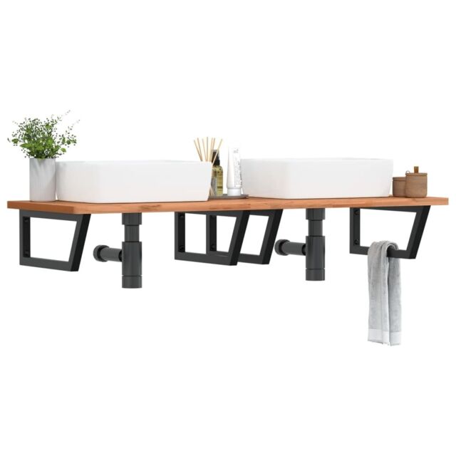 Berkfield Home Basin Shelf Wall Mounted Steel & Solid Wood Beech in Brown - image 1