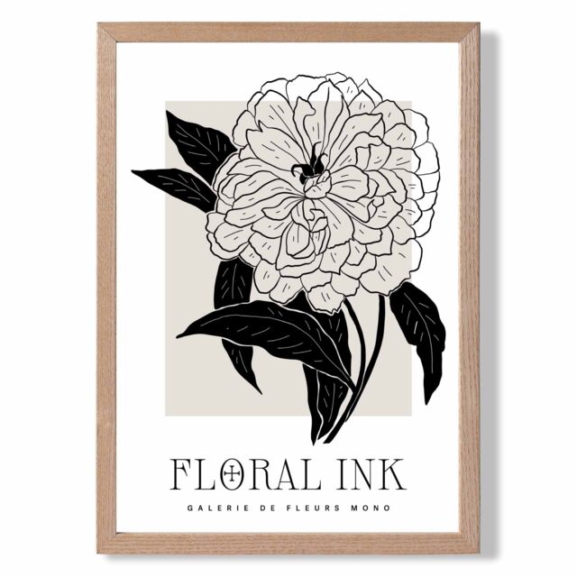 ARTZE Peony Black & Beige Floral Ink Sketch Framed Print SIZE: A3 with Oak Frame - Size: A4 - image 1