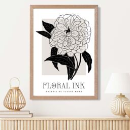 ARTZE Peony Black & Beige Floral Ink Sketch Framed Print SIZE: A3 with Oak Frame - Size: A4 - thumbnail 2