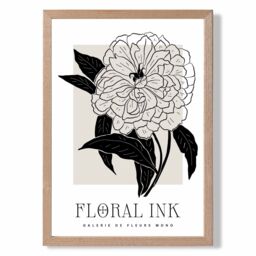 ARTZE Peony Black & Beige Floral Ink Sketch Framed Print SIZE: A3 with Oak Frame - Size: A4