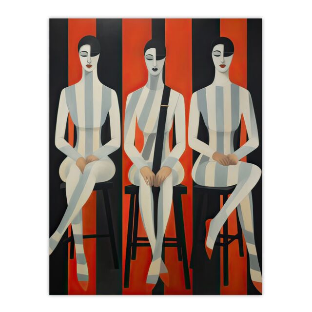 "Artery8 Wall Art Print Jailhouse Rock Conceptual Vintage Style Oil Painting Red Grey White Striped Musician Female Trio Poster - Size: W18"" x H24""" - image 1