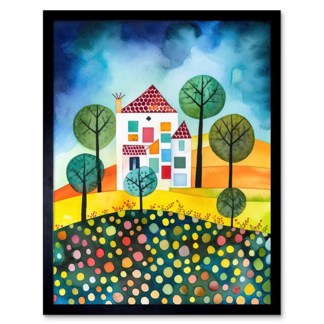 "Artery8 Wall Art Print Abstract House & Garden Folk Art Framed in Black - Size: W12"" x H16""" - image 1