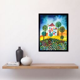 "Artery8 Wall Art Print Abstract House & Garden Folk Art Framed in Black - Size: W12"" x H16""" - thumbnail 2