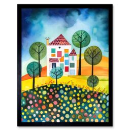 "Artery8 Wall Art Print Abstract House & Garden Folk Art Framed in Black - Size: W12"" x H16""" - thumbnail 1