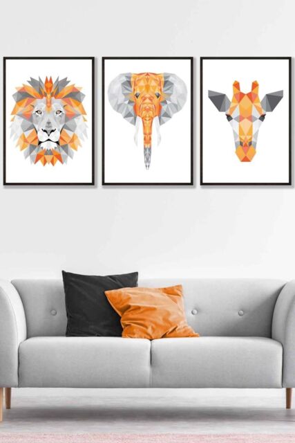 ARTZE Set of 3 Black Framed Geometric Orange Grey Jungle Animal Heads Wall Art - Size: W33 cm x H45 cm x D20mm - image 1