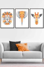 ARTZE Set of 3 Black Framed Geometric Orange Grey Jungle Animal Heads Wall Art - Size: W33 cm x H45 cm x D20mm - thumbnail 1