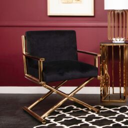Orsina Gold Finish Black Velvet Chair, Lounge Chair With Cross Style Base, Ocassional Chair, Velvet Upholster Armchair