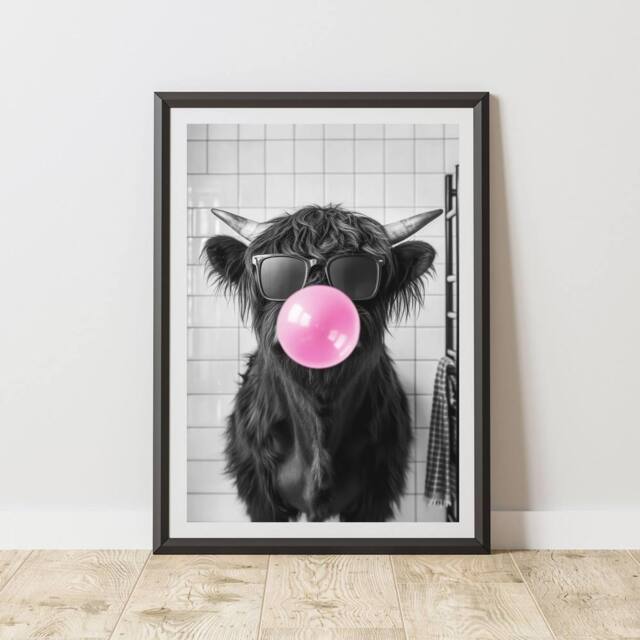 60 SECOND MAKEOVER Highland Cow Pink Bubble Gum Quirky Animal Print - Size: A4 - image 1