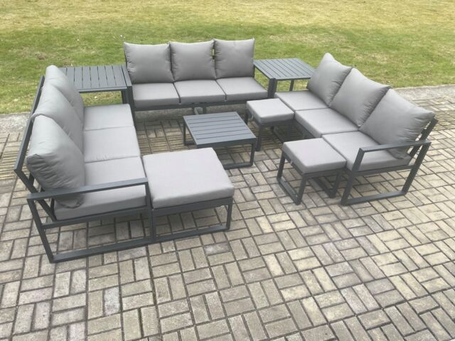 Fimous Aluminium Outdoor Garden Furniture Set Patio Lounge Sofa with Square Coffee Table 2 Side Tables 3 Footstools Conservatory Set in Dark Grey - image 1
