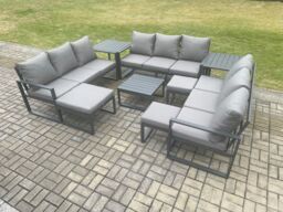 Fimous Aluminium Outdoor Garden Furniture Set Patio Lounge Sofa with Square Coffee Table 2 Side Tables 3 Footstools Conservatory Set in Dark Grey - thumbnail 2