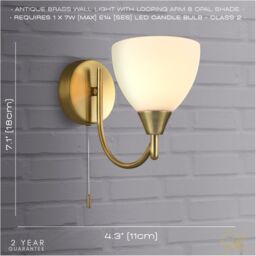 Happy Homewares Contemporary Pull Switched Wall Light Fixture with Opal White Glass Shade in Metallic Gold - thumbnail 6