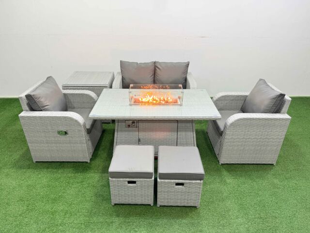 Fimous Light Grey PE Wicker Rattan Garden Furniture Set Sofa Set Reclining Chair Firepit Dining Table 6 Seater 2 Small Stools Side Table - image 1