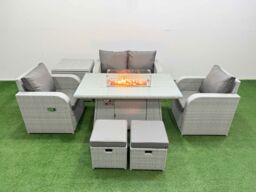 Fimous Light Grey PE Wicker Rattan Garden Furniture Set Sofa Set Reclining Chair Firepit Dining Table 6 Seater 2 Small Stools Side Table - thumbnail 1