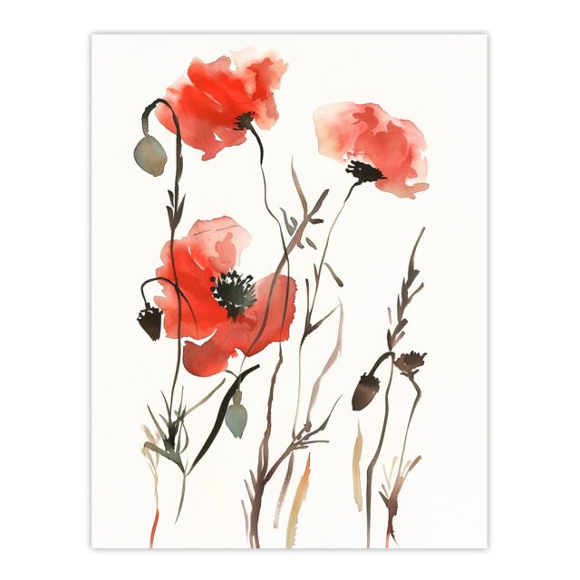 "Artery8 Watercolour Poppy Flowers Bright Abstract Floral Wall Art Print in Red - Size: W12"" x H16""" - image 1