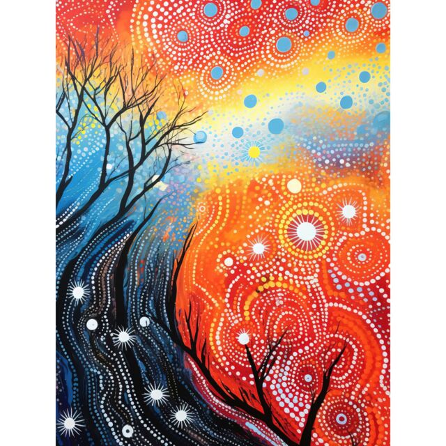 "Artery8 Wall Art Print Contemporary Aboriginal Artwork in Blue & Orange Vibrant Abstract Forest Trees & Stars Poster - Size: W12"" x H16""" - image 1