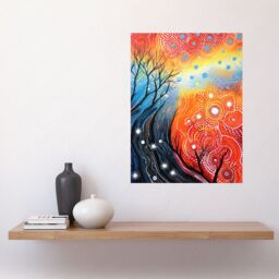 "Artery8 Wall Art Print Contemporary Aboriginal Artwork in Blue & Orange Vibrant Abstract Forest Trees & Stars Poster - Size: W12"" x H16""" - thumbnail 2