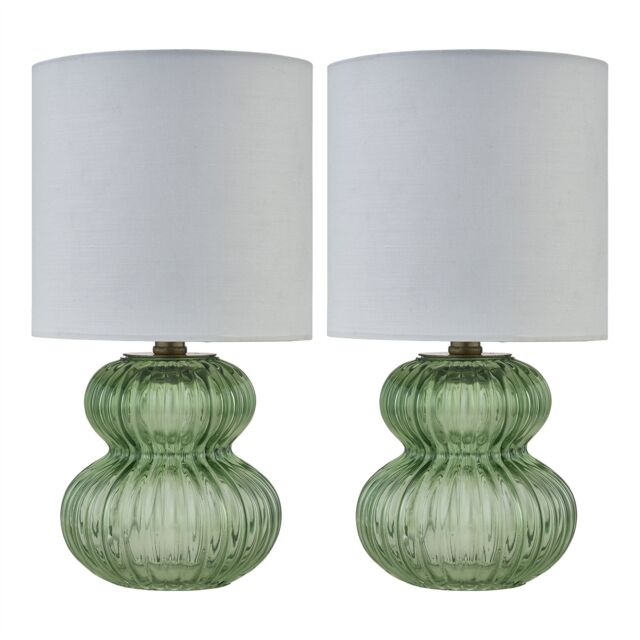 First Choice Lighting Walter - Set of 2 Green Ribbed Glass 29cm Table Lamps with White Shade - image 1