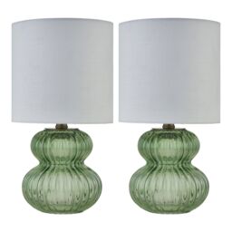 First Choice Lighting Walter - Set of 2 Green Ribbed Glass 29cm Table Lamps with White Shade