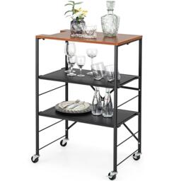 Foldable 3-Tier Storage Shelves Rolling Serving Trolley With Adjustable Shelves