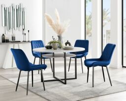 FurnitureboxUK Adley Grey Concrete Effect & Black Round Dining Table with Shelf & 4 Velvet Pesaro Dining Chairs in Navy - thumbnail 1