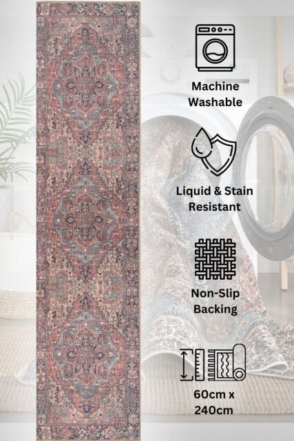 Kukoon Washable Runner Rug Terracotta Distressed Long Hallway Carpet Mat 80cm x 300cm in Red - Size: 80 cm x 300 cm - image 1