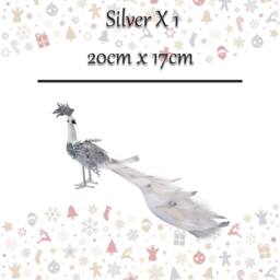 VFM e-Store Christmas Velvet Peacock Decoration 20cm x 17cm Silver X 1 - Size: 20 cm x 17 cm - thumbnail 2